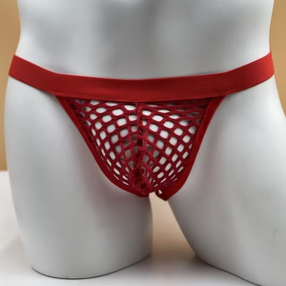Men'S Mesh Thong Underwear with Wide Band And Fishnet One Size Red